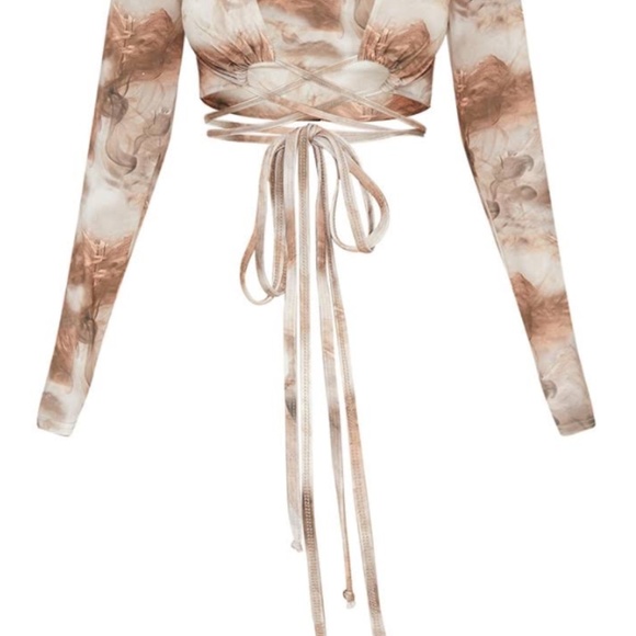 PLT Camel Soft Touch Tie Wrap Around Print Long Sleeve Crop Top - Picture 3 of 7